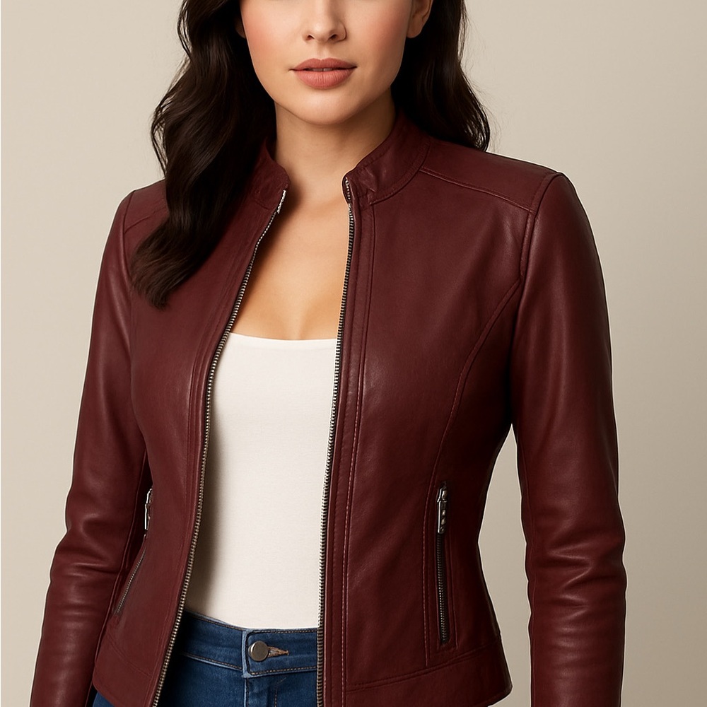 Me Jane Deep Red Faux Leather Moto Jacket / Biker Zip-Up / size XS